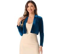 Allegra K Velvet Shrug for Women's Long Sleeve Open Front Cardigan Cropped Bolero Jacket Peacock Blue L