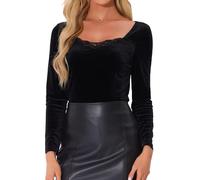 Allegra K Velvet Top for Women's Contrast Lace V Neck Long Sleeve T-Shirts Elegant Tee Tops Black L