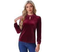 Allegra K Velvet Tops for Women's Stand Collar Long Sleeve Elegant Casual Blouse Burgundy S