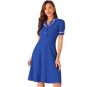 Allegra K Vintage Midi Dress for Women's 2024 Work Peter Pan Collar Dresses Royal Blue L