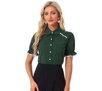 Allegra K Vintage Peter Pan Collar Blouse for Women's 2023 Short Sleeve Button Down Shirt Dark Green M