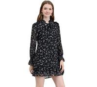 Allegra K Women 2023 Loose Chiffon Floral Ruffle Self Tie Neck Dress Blacks