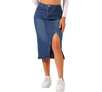 Allegra K Women Casual Denim High Waisted Split Front Midi Pockets Skirt | Soft and breathable. Button and zipper closure. Side slit detail. Weekend and daily wear. Versatile look