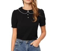 Allegra K Women Casual Peter Pan Collar Puff Short Sleeve Blouse | Contrast trim. Button loop closure at back. Work, Weekend, Shopping, Date, Cafe, Street, School
