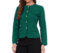 Allegra K Women Collarless Jacket Button Down Fitted Business Casual Blazer | Elegant Long Sleeve Office Work Suit Jacket, Pockets Flap Decor, Professional Interview Outfits for Fall