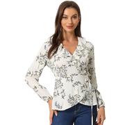 Allegra K Women Floral V Neck Wrap Long Sleeve Ruffle Peplum Blouse | Elastic Cuffs. Self Tie Belt Hook at Waist. Casual Work Street Daily Wear. Motifs. Light Color.