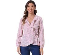 Allegra K Women Floral V Neck Wrap Long Sleeve Ruffle Peplum Blouse | Elastic Cuffs. Self Tie Belt Hook at Waist. Casual Work Street Daily Wear. Motifs. Light Color.