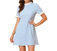 Allegra K Women Gingham Dress Summer Short Sleeve Crew Neck Lace Panel Plaid Mini Dresses Halloween Dorothy Costume, Blue, L