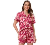 Allegra K Women Hawaiian Sets 2 Pieces Floral Button Down Shirt and Shorts Tropical 2023 Vacation Beach Outfits Hot Pink L