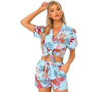 Allegra K Women Hawaiian Sets 2 Pieces Floral Button Down Shirt and Shorts Tropical 2023 Vacation Beach Outfits Sky Blue M