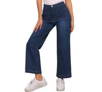 Allegra K Women High Waisted Stretchy Straight Wide Leg Denim Jeans | Ankle length with elastic back. Trendy button closure. Office, vacation. Vintage style