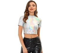 Allegra K Women Holographic Metallic Mock Neck Crop Top Sparkle Party | Shimmers brilliantly under light. Elevates any outfit. Club, concert, evening events.