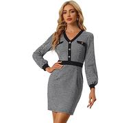 Allegra K Women Houndstooth V Neck Long Sleeve Sheath Bodycon Dress | Lantern sleeves with contrast trim. Faux pockets. Slightly stretchy. Office, Business, Weekend