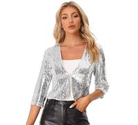 Allegra K Women Party Shiny Sequin 3/4 Sleeve Open Front Blazer | Eye-catching sequin design. Stand out in crowds. Great for Halloween, Cocktail, Dinner, Club, Dance.