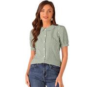 Allegra K Women Peter Pan Collar Plaid Puff Short Sleeve Blouses Green