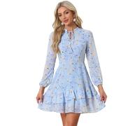 Allegra K Women Spring Dresses Layered Tiered Chiffon Mini Floral Dress | 2026 Summer Tie V Neck, Semi Sheer Long Sleeve, Ruffle Hem, A-line Silhouette, Tea Party, Flowy