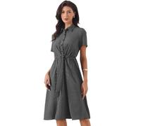 Allegra K Women Striped Short Sleeve Button Down Tie Waist Work Midi Dress