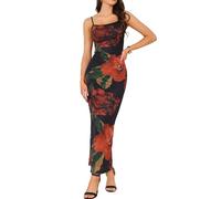 Allegra K Women Summer Floral Spaghetti Strap Bodycon Mesh Maxi Dress Black