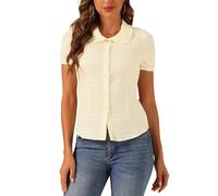Allegra K Women Sweet Soft Peter Pan Collar Button Up Short Sleeve Blouse