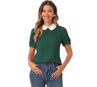 Allegra K Women Vintage Contrast Peter Pan Collar Puff Sleeve Blouse | Button Loop Closure at Back. Cute Design. Office, Casual, Weekend, Shopping, Date, Cafe, Street