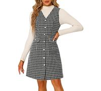 Allegra K Women Vintage V Neck Sleeveless Plaid Tweed Pinafore Dress | Two Flap Pockets. Charming with Blouse. Daily Wear, Weekend Gathering, Dating, Work, Shopping