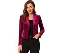 Allegra K Women's 1 Button Velvet Blazer Lapel Business Office Christmas Crop Suit Jacket, Burgundy, M