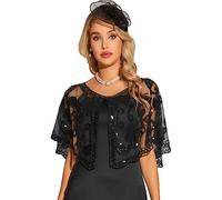 Allegra K Women's 1920s Shawl Wraps Sequin Beaded Bridal Cover Up Evening Cape Flapper Bolero Medium Black
