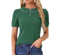 Allegra K Women's 2023 Peter Pan Collar Contrast Trim Puff Short Sleeve Summer Blouse Top Green XS
