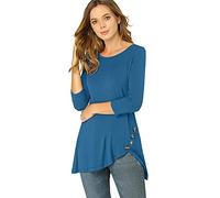 Allegra K Women's 3/4 Sleeve Round Neck Button Decor Casual Stretchy Tunic Tops, Royal Blue, Medium