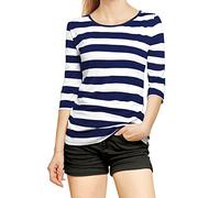 Allegra K Women's 3/4 Sleeves Top Round Neck Slim Fit Tee Casual Leopard Floral Breton Printed T-Shirt White Dark Blue 12