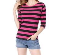 Allegra K Women's 3/4 Sleeves Top Round Neck Slim Fit Tee Casual Leopard Floral Breton Printed T-Shirt Fuchsia Black 16