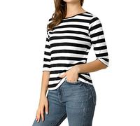 Allegra K Women's 3/4 Sleeves Top Round Neck Slim Fit Tee Casual Leopard Floral Breton Printed T-Shirt Black White 24