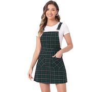 Allegra K Women's Adjustable Strap Above Knee Plaid Printed Overall Dress Suspender Skirt, Blue-Green, M