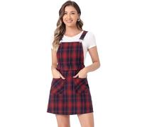 Allegra K Women's Adjustable Strap Above Knee Plaid Printed Overall Dress Suspender Skirt, Blue-red, L