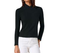 Allegra K Women's Asymmetrical Collar T-Shirts Solid Color Long Sleeves Slim Fitted Basic Tops, Black, S
