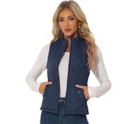 Allegra K Women's Body Warmer Stand Collar Lightweight Quilted Zip Jacket Gilet Dark Blue XL