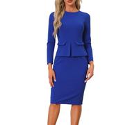 Allegra K Women's Bodycon Pencil Dress Round Neck Bracelet Sleeve Peplum Wear to Work Office Sheath Dress Royal Blue S