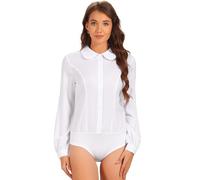 Allegra K Women's Bodysuit Button Up Peter Pan Collar Shirt Long Sleeve Business Work Tops Body Suit, White, S
