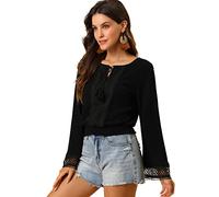Allegra K Women's Boho Beach Blouse Bell Sleeve Lace Trim Tie Neck Peasant Smocked Top Black 8