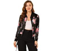 Allegra K Women's Bomber Jacket Satin Long Sleeve Floral Coat with Pocket | Floral Print, Zip Up, Long Sleeve Jacket, Casual Fall Winter Outerwear, Baseball Collar Black Pink M
