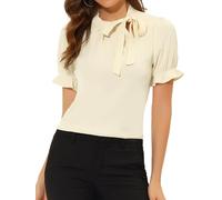 Allegra K Women's Bow Tie Neck Tops Elegant Office Short Sleeve Blouse Beige 12