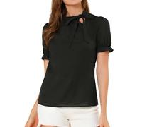 Allegra K Women's Bow Tie Neck Tops Elegant Office Short Sleeve Blouse Black 12