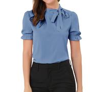 Allegra K Women's Bow Tie Neck Tops Elegant Office Short Sleeve Blouse Blue 16