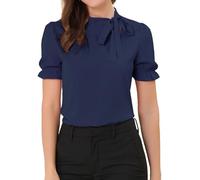 Allegra K Women's Bow Tie Neck Tops Elegant Office Short Sleeve Blouse Dark Blue 16