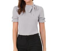 Allegra K Women's Bow Tie Top, 1940 Vintage Elegant Office, Short Sleeve Blouse Gray M