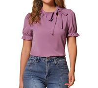 Allegra K Women's Bow Tie Top, 1940 Vintage Elegant Office, Short Sleeve Blouse Light Plum L