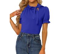 Allegra K Women's Bow Tie Top, 1940 Vintage Elegant Office, Short Sleeve Blouse Royal Blue L