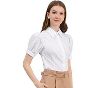 Allegra K Women's Button Down Shirt Puff Sleeve Collared Short Sleeve Work Tops Fashion Outfit, Whites, S