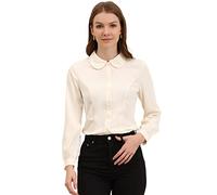 Allegra K Women's Button Up Shirt Business Casual Career Peter Pan Collar Long Bishop Sleeve Blouse, Beige, M