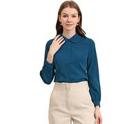 Allegra K Women's Button Up Shirt Business Casual Career Peter Pan Collar Long Bishop Sleeve Blouse Clothing, Peacock Blue, M